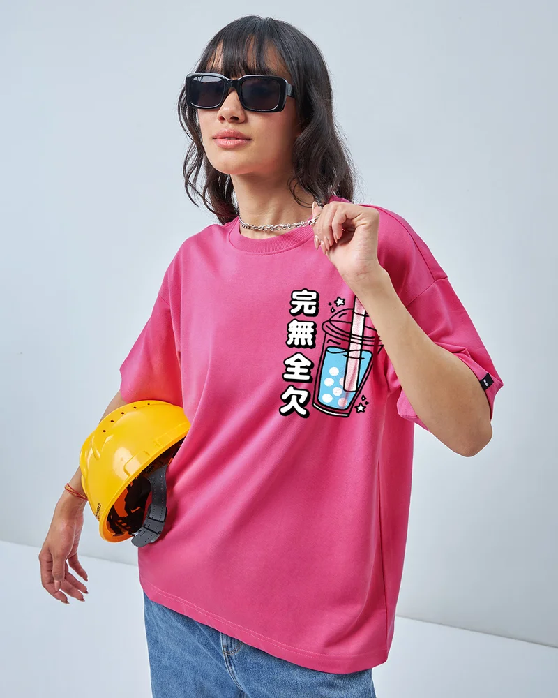 بيواكوف Women's Pink Just Summer Things Graphic Printed Oversized T-shirt